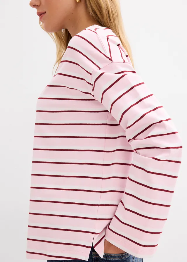 T-shirt manches longues 100% coton • blanc-rouge rubis-rose cristal rayé • product-page.page-title-suffix