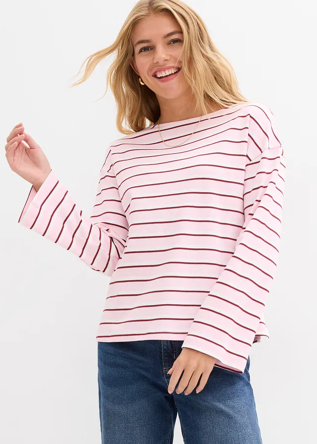 T-shirt manches longues 100% coton, Couleur: blanc-rouge rubis-rose cristal rayé