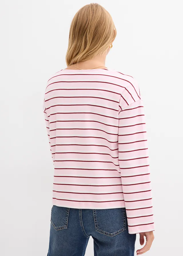 T-shirt manches longues 100% coton • blanc-rouge rubis-rose cristal rayé • product-page.page-title-suffix