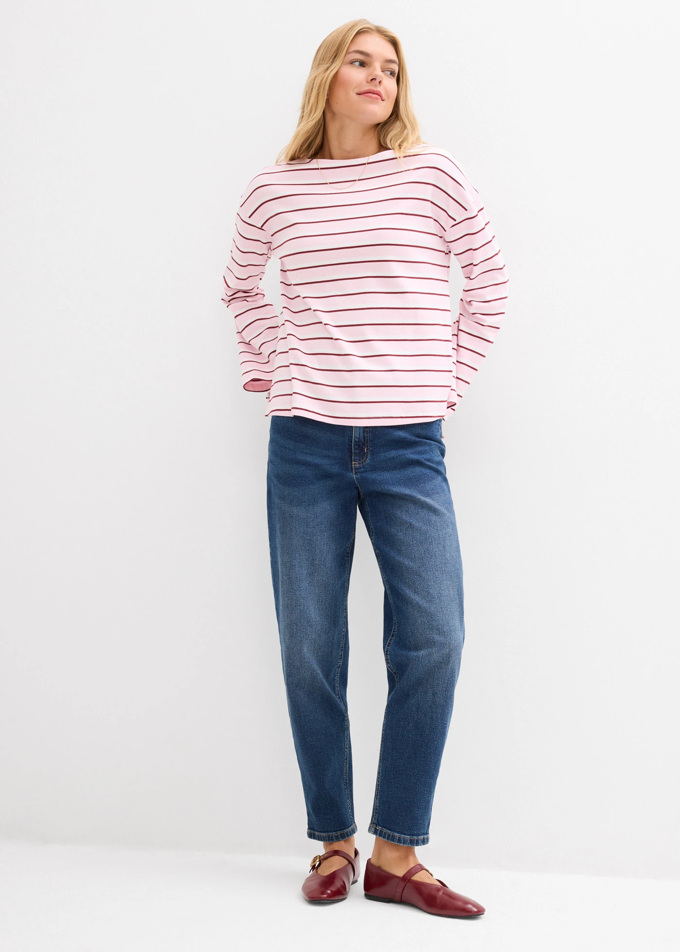 T-shirt manches longues 100% coton • blanc/rouge rubis/rose cristal rayé • Boutique bonprix