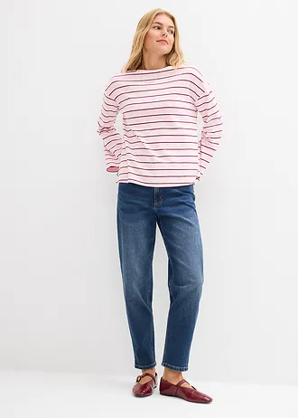 T-shirt manches longues 100% coton, Couleur: blanc/rouge rubis/rose cristal rayé