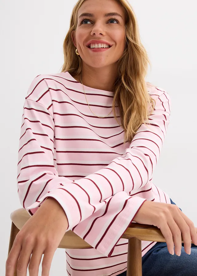 T-shirt manches longues 100% coton • blanc-rouge rubis-rose cristal rayé • product-page.page-title-suffix