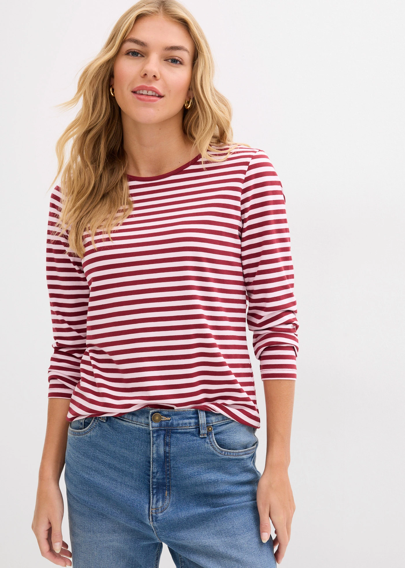 T-shirt manches longues • rose cristal/rouge rubis rayé • Boutique bonprix