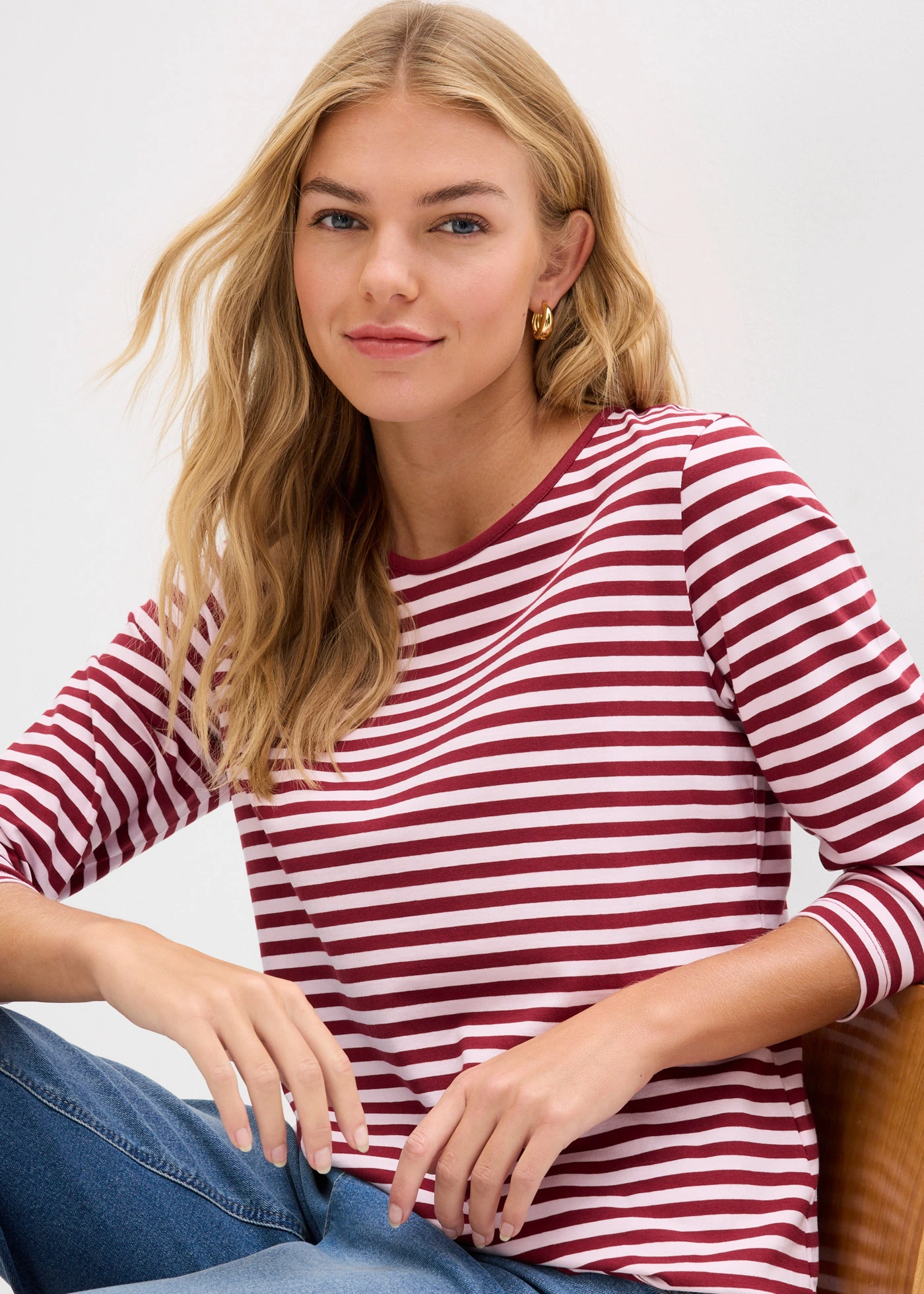 T-shirt manches longues • rose cristal/rouge rubis rayé • Boutique bonprix