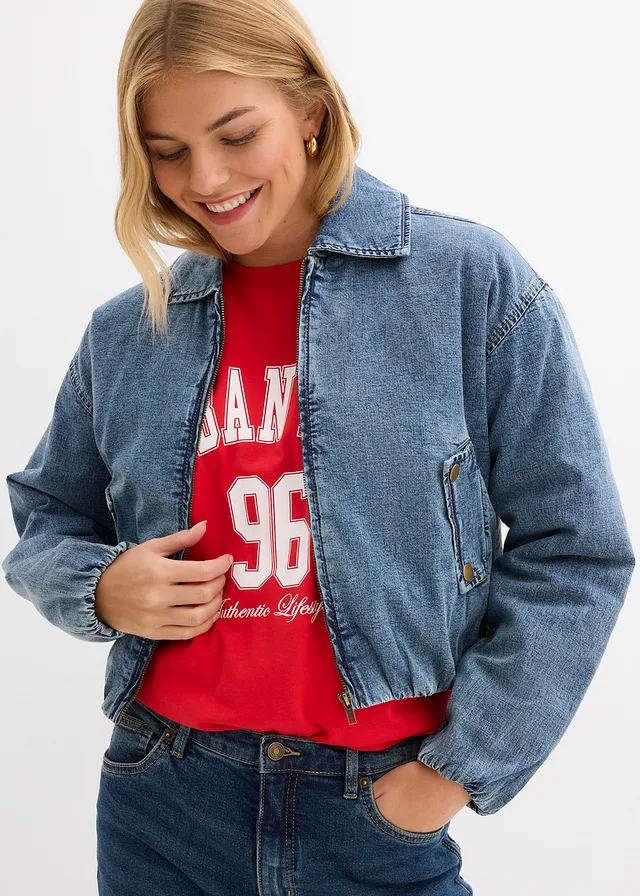 Warm gewatteerde spijkerjas, cropped, Kleur: middelblauw denim used