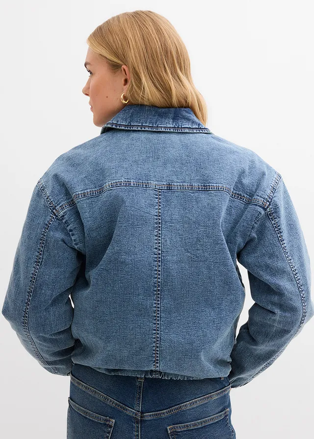 Veste chaude en jean, raccourcie, Couleur: bleu moyen denim used