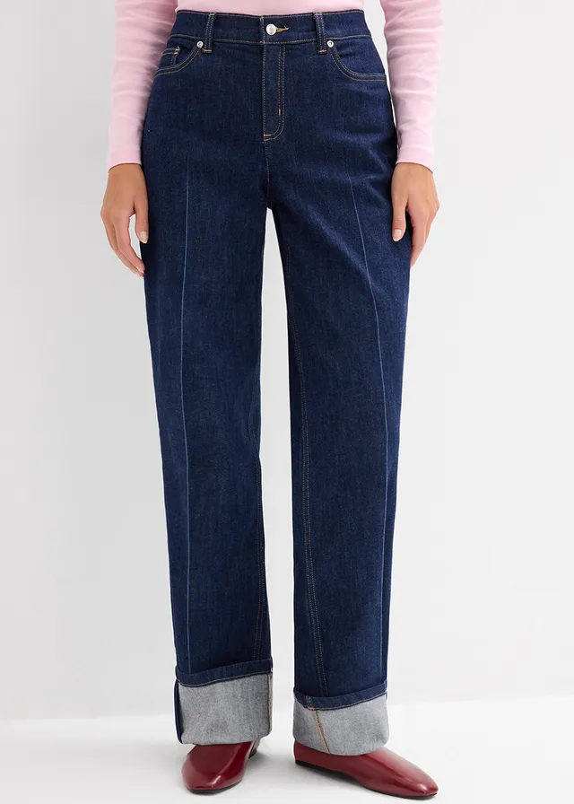 Loose straight jeans mid waist, full length, Kleur: donkerblauw denim used