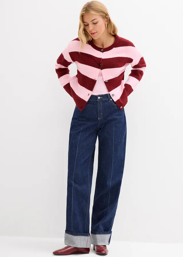 Loose straight jeans mid waist, full length, Kleur: donkerblauw denim used