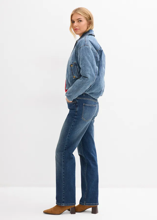 Warm gewatteerde spijkerjas, cropped, Kleur: middelblauw denim used