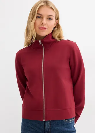 Sweat zippé en Punto di Roma confortable, Couleur: rouge rubis-blanc