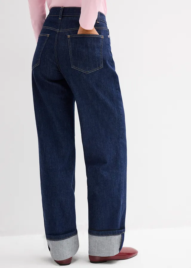 Loose straight jeans mid waist, full length, Kleur: donkerblauw denim used