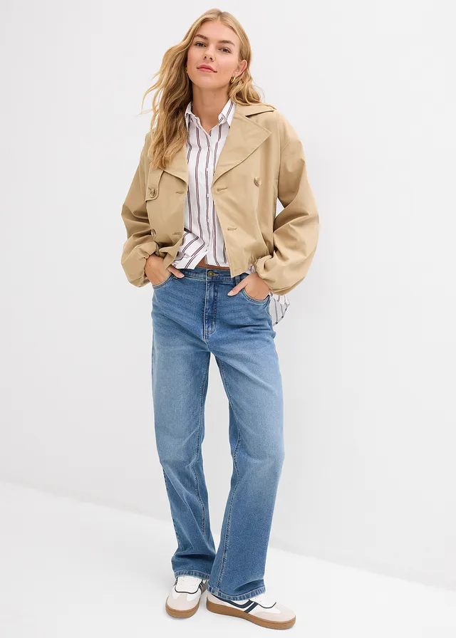 Jean large et droit, taille haute, Couleur: bleu moyen denim used