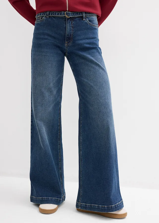 Jean large taille mi-haute, long, Couleur: bleu foncé denim used