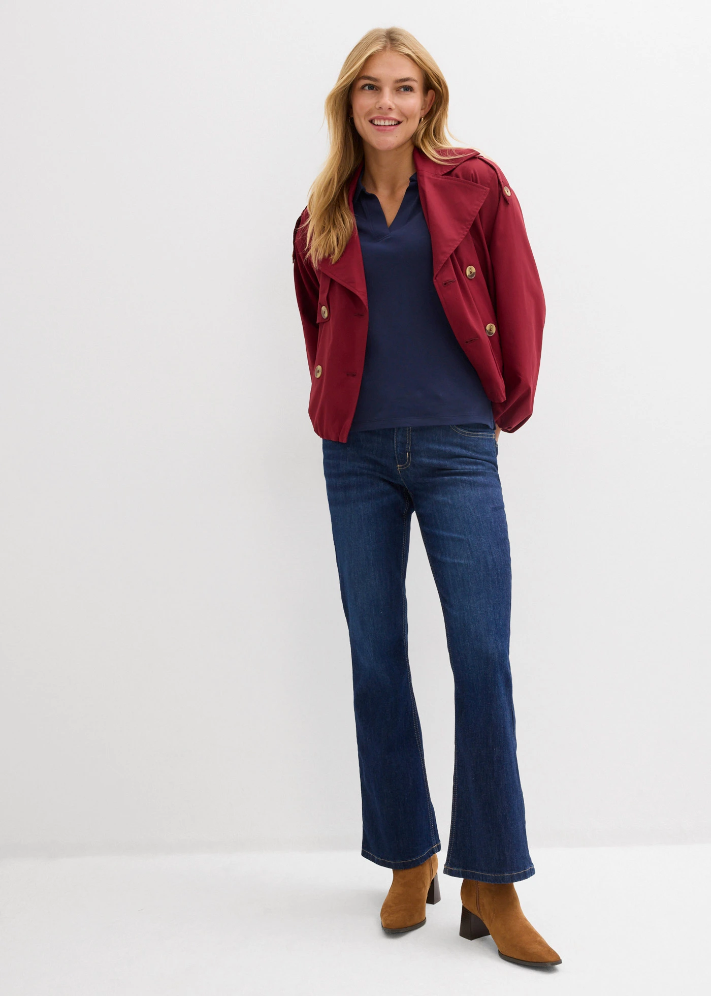 Flared farmer, Mid Waist • sötétkék denim, használt hatású • bonprix áruház