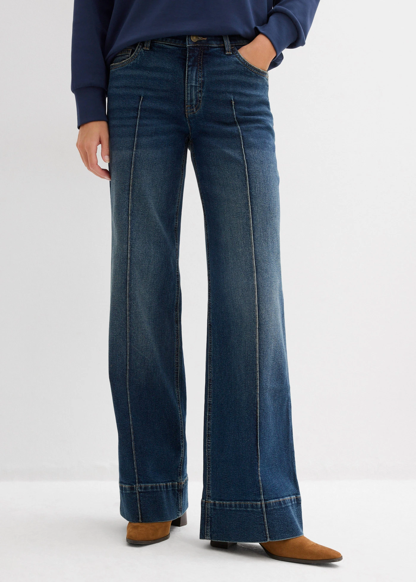 Wide Leg farmer, Mid Waist • sötétkék denim, használt hatású • bonprix áruház
