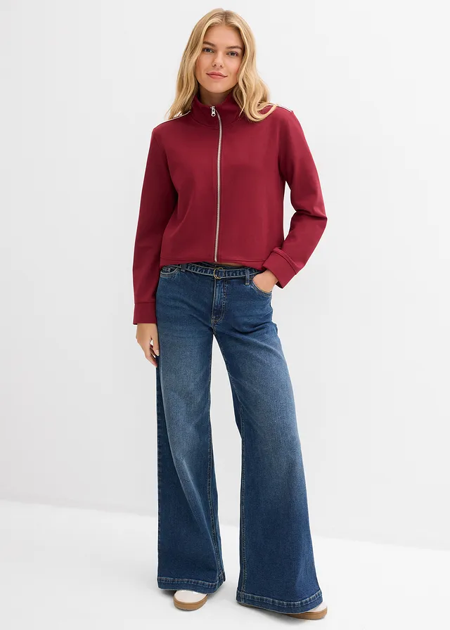 Jean large taille mi-haute, long, Couleur: bleu foncé denim used
