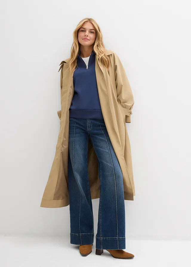 Jean large taille mi-haute, long, Couleur: bleu foncé denim used