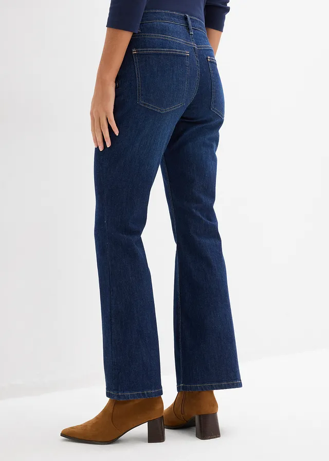 Flared jeans, mid waist, Kleur: donkerblauw denim used