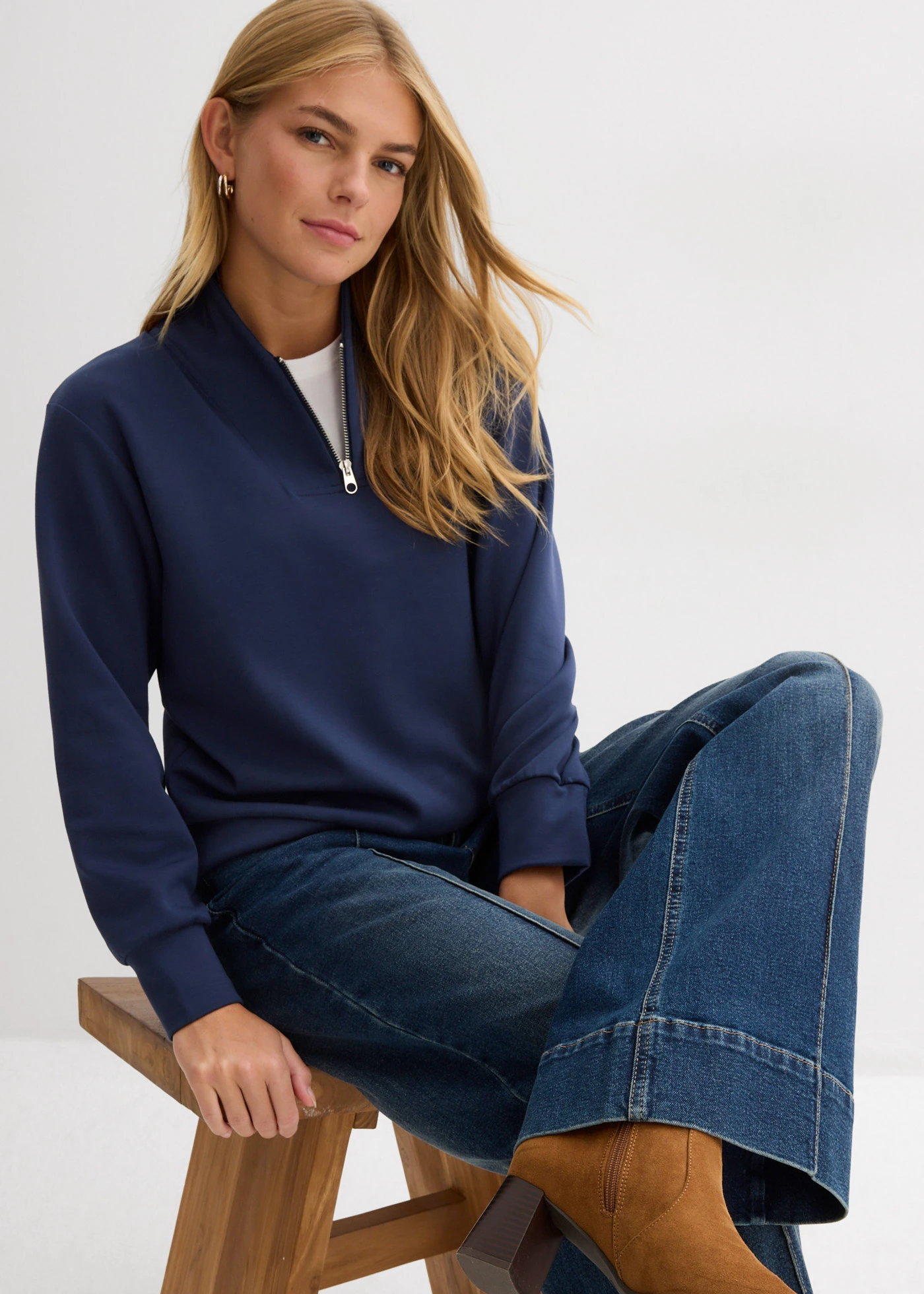 Wide leg jeans mid waist, full length • donkerblauw denim used • bonprix online shop