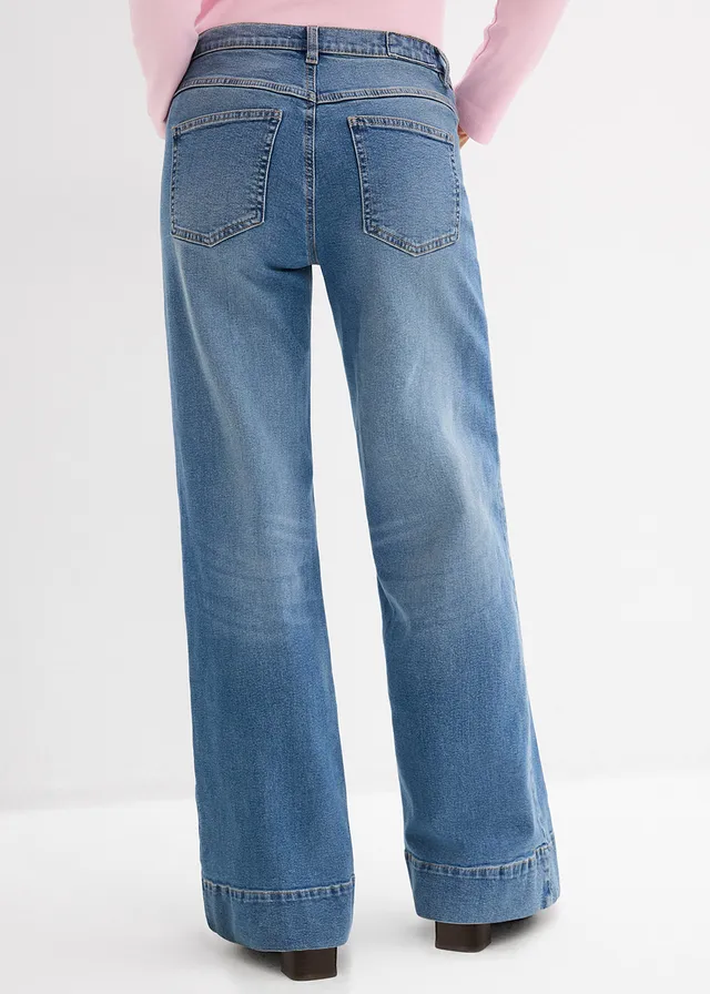 Wide leg jeans mid waist, full length, Kleur: middelblauw denim