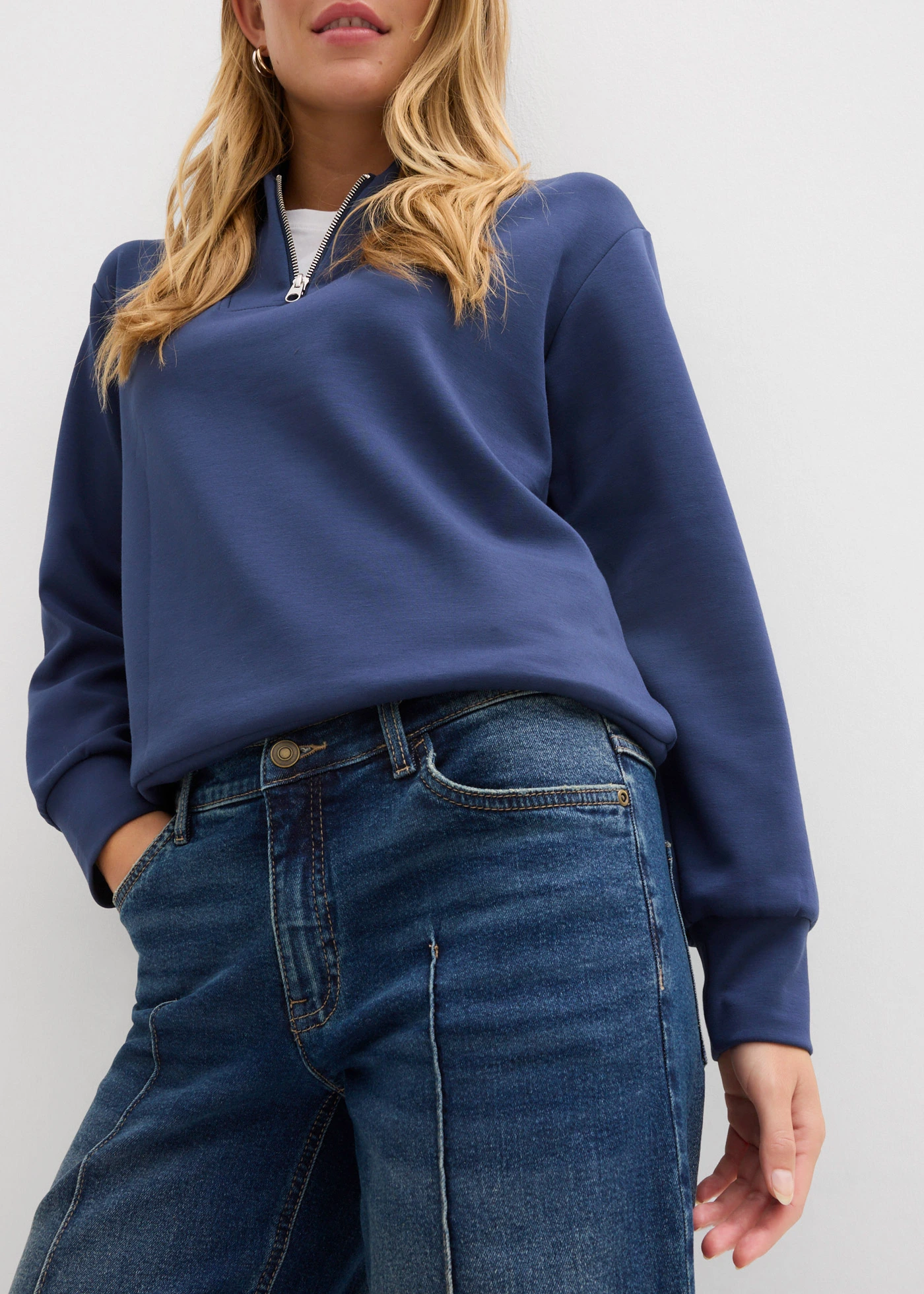 Wide leg jeans mid waist, full length • donkerblauw denim used • bonprix online shop