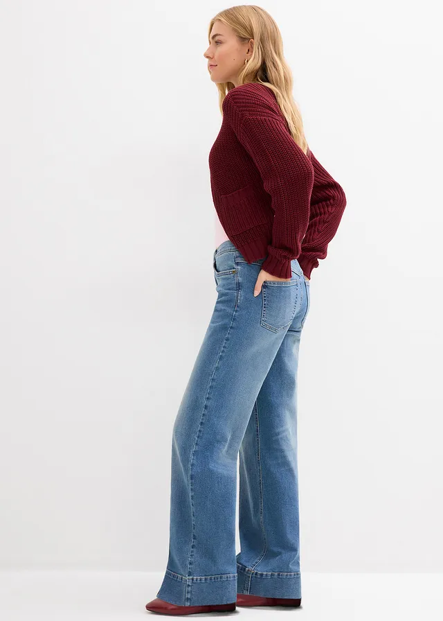Jean large taille mi-haute, long, Couleur: bleu moyen denim