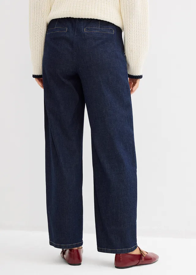 Jean barrel taille mi-haute élastiquée, Couleur: bleu foncé denim brut