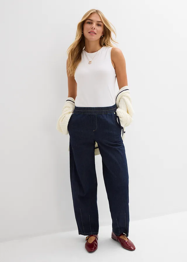 Barrel jeans mid waist met comfortband • donkerblauw denim • product-page.page-title-suffix