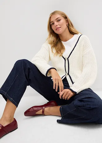 Jachetă din tricot cu ochiuri mari din amestec de bumbac • ecru/bleumarin altele • magazin bonprix