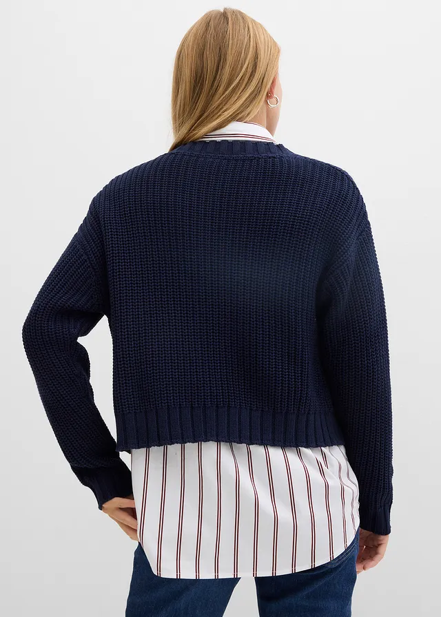Gilet en grosse maille avec boutons martelés, Couleur: bleu foncé