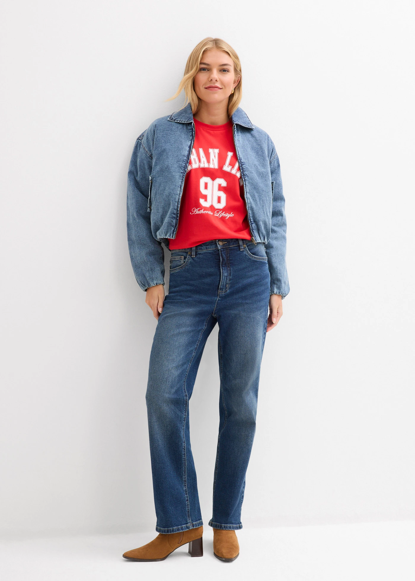 Blugi Loose Straight, High Waist • bleumarin denim uzat • magazin bonprix