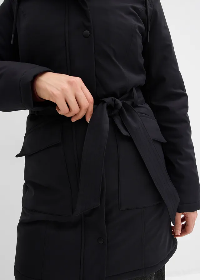 Vízlepergető rövid Outdoor kabát övvel, leopárdmintás béléssel • fekete • bonprix áruház