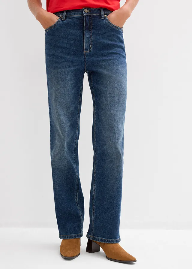 Jeansy o luźnym kroju z wysokim stanem, straigt • granatowy denim used • sklep bonprix