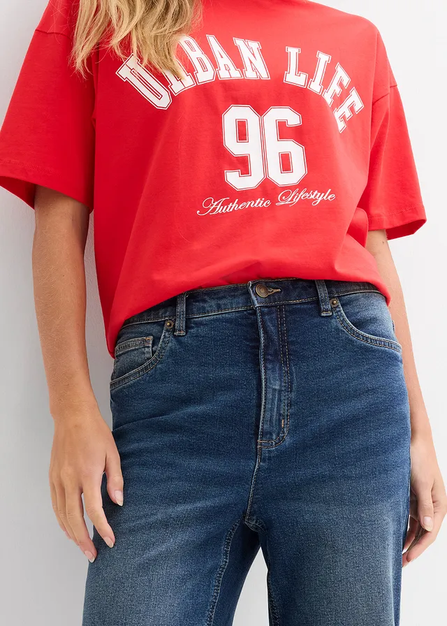 Jeansy o luźnym kroju z wysokim stanem, straigt • granatowy denim used • sklep bonprix