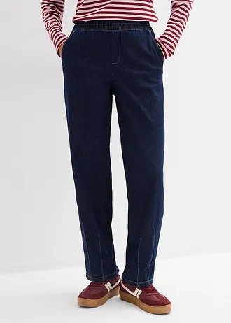 Dżinsy o kroju barrel ze średnim stanem, wygodny pas • granatowy denim used • sklep bonprix