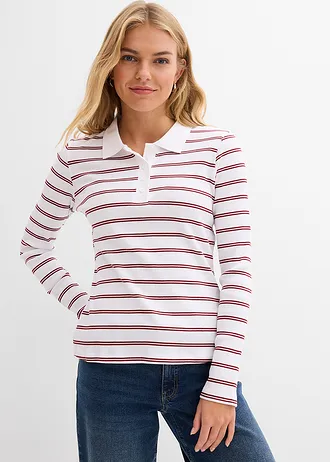 Geribd poloshirt • wit-robijnrood horizontaal gestreept • bonprix online shop