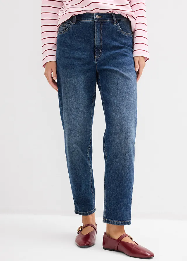 Mom jeans high waist, cropped, Kleur: donkerblauw denim used