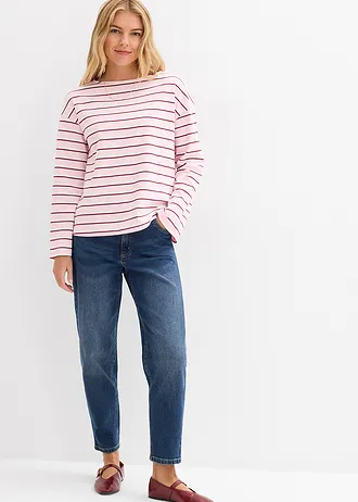 Blugi mom cu talie înaltă, cropped • bleumarin denim uzat • magazin bonprix