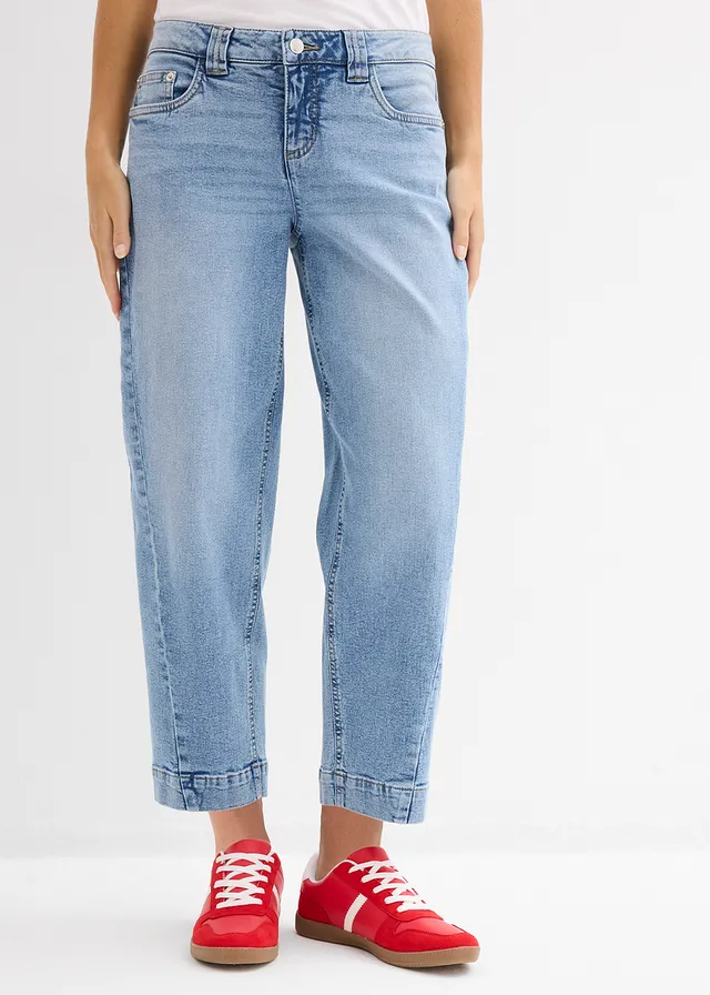 Jeansy o kroju barrel, średni stan, cropped, kolor: jasnoniebieski denim
