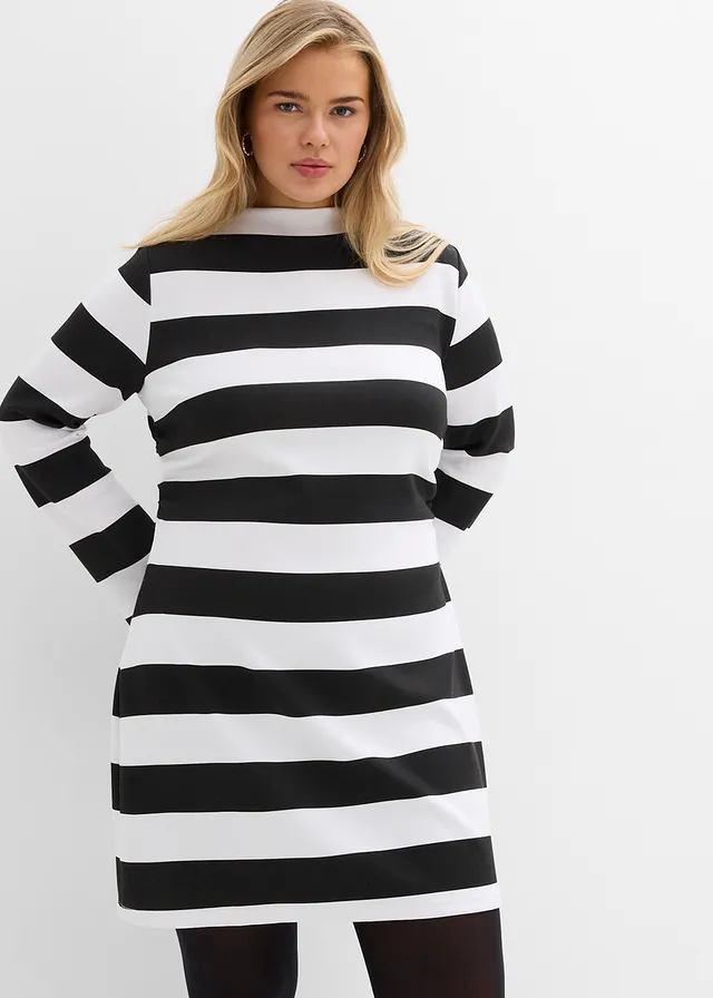 Robe en jersey à col montant, Couleur: noir/blanc rayé