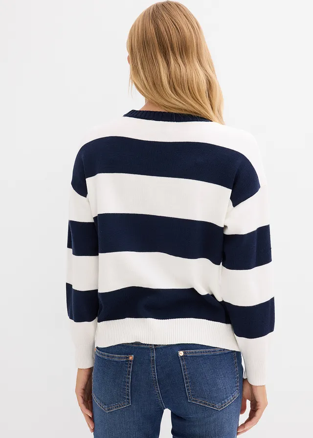 Oversized trui in een zachte viscosemix • wolwit-donkerblauw gestreept • product-page.page-title-suffix