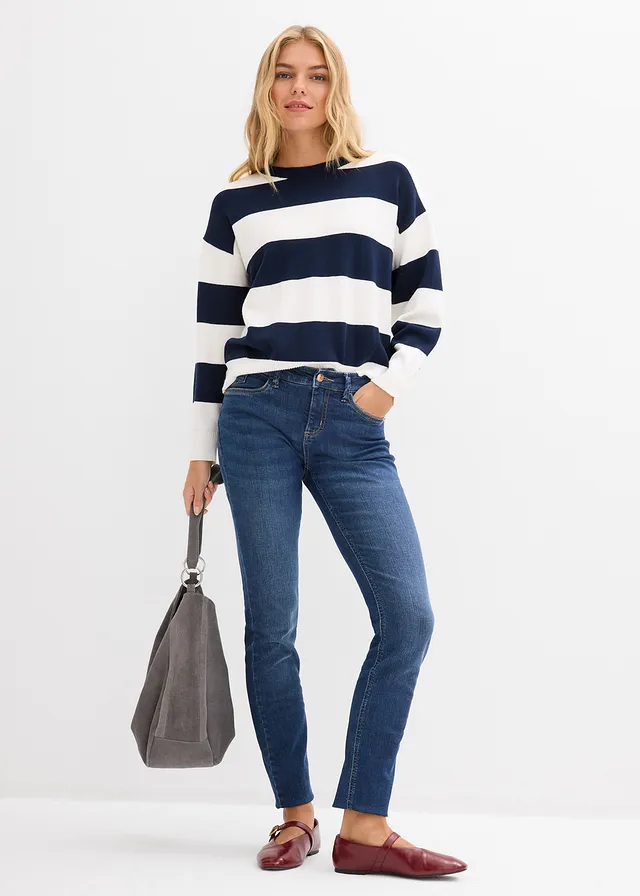 Pull oversize et doux, Couleur: blanc cassé/bleu foncé rayé