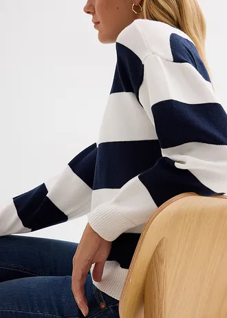 Pulover oversize din amestec moale cu viscoză • ecru/bleumarin dungat • magazin bonprix