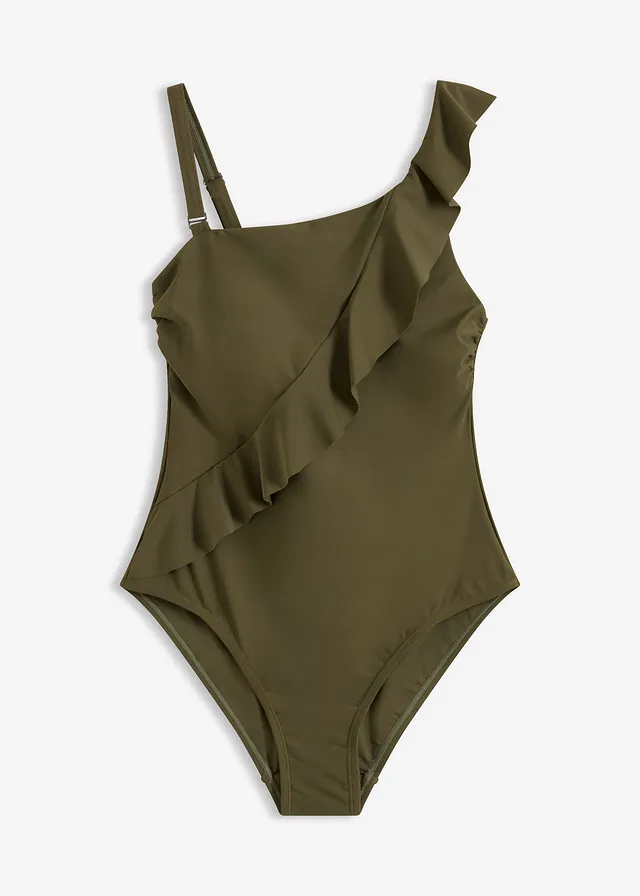 One-shoulder badpak met afneembaar bandje, Kleur: donkerolijfgroen