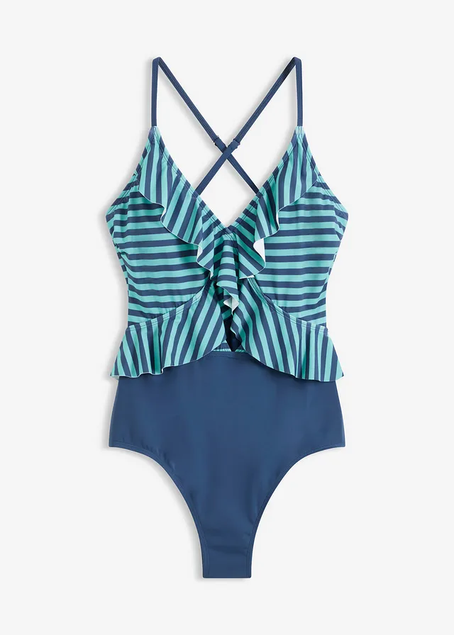 Costum de baie cu volan • albastru profund/turcoaz dungat • magazin bonprix