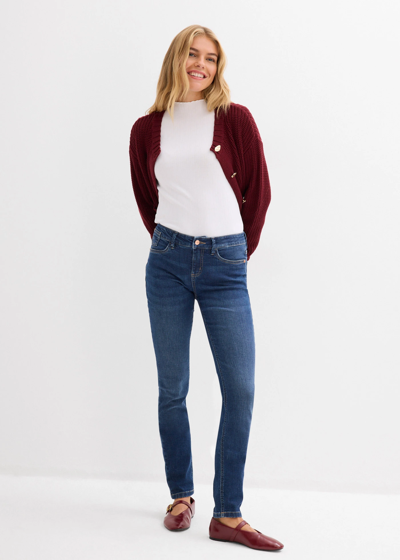 Skinny jeans mid waist, biologisch katoen • donkerblauw denim used • bonprix online shop