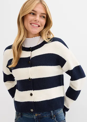 Fijngebreid kort vest, Kleur: wolwit-donkerblauw