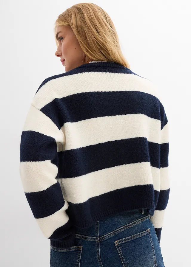 Fijngebreid kort vest, Kleur: wolwit-donkerblauw