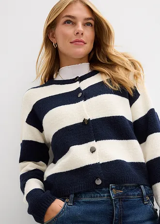 Fijngebreid kort vest • wolwit-donkerblauw • bonprix online shop