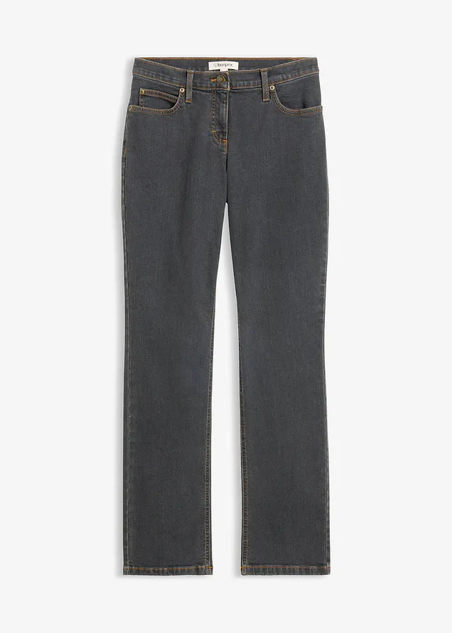 Mid waist stretch jeans, straight, Kleur: zwart